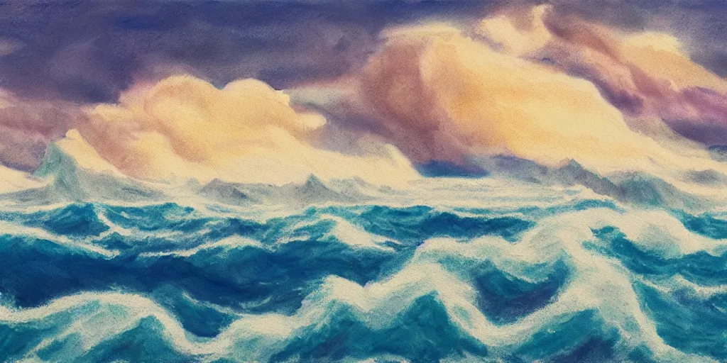 Image similar to a beautiful painting of iceland, storm clouds gathering over the sea, by studio ghibli 8 k pastel colours, smeared watercolours, golden light film grain