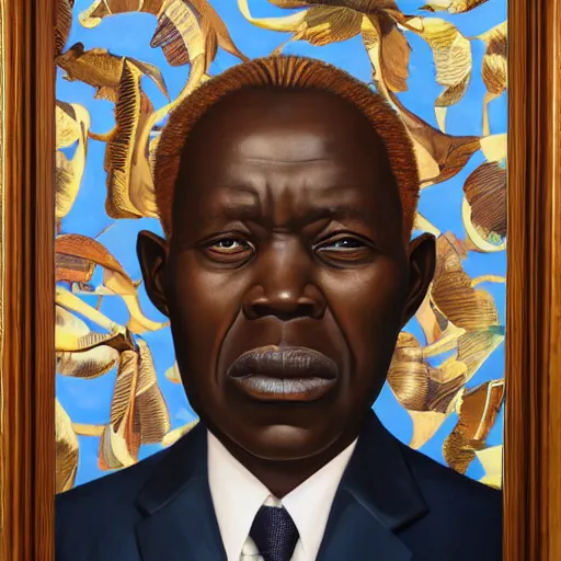 Prompt: a painting of a fatherly wide forehead, round face, XXL , loving, caring, generous, ever-present, humble, wise elder from Kenya in a suit by Kehinde Wiley . Fatherly/daddy, focused, loving, leader, relaxed,. ethereal lights, details, smooth, sharp focus, illustration, realistic, cinematic, artstation, award winning, rgb , unreal engine, octane render, cinematic light, macro, depth of field, blur, red light and clouds from the back, highly detailed epic cinematic concept art CG render made in Maya, Blender and Photoshop, octane render, excellent composition, dynamic dramatic cinematic lighting, aesthetic, very inspirational, arthouse.