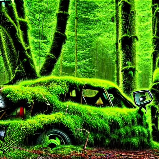 Image similar to a junk yard in the forest, overgrown with moss and ivy, detailed, realistic digital art,