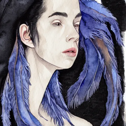 Image similar to full body detailed watercolor illustration of alien jennifer connelly mixed with anya taylor - joy, reading a book, unsettling, hooded long black feathered cloak, uncanny valley, with black feathers instead of hair, gothic, guillermo del toro, gray mottled skin, pale and sickly, profile view, - - ar 9 : 1 6