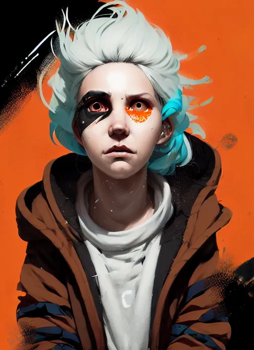 Image similar to highly detailed closeup portrait of a sewer punk lady student, tartan hoodie, white hair by atey ghailan, by greg rutkowski, by greg tocchini, by james gilleard, by joe fenton, by kaethe butcher, gradient, orange, black, brown and cream color scheme, grunge aesthetic!!! white graffiti tag wall background