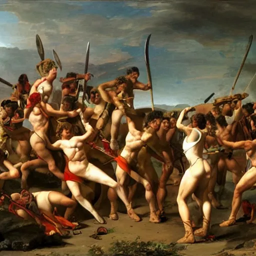 Image similar to muscular warrior women, spartan warrior women, women fighting men, muscular men, roman warrior men, clashing in bloody field, art by jacques - louis david