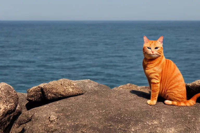 Prompt: orange tabby cat sitting on a rock facing towards ocean, image taken from afar, realistic lighting, highly detailed, rule of thirds, by charles angrand