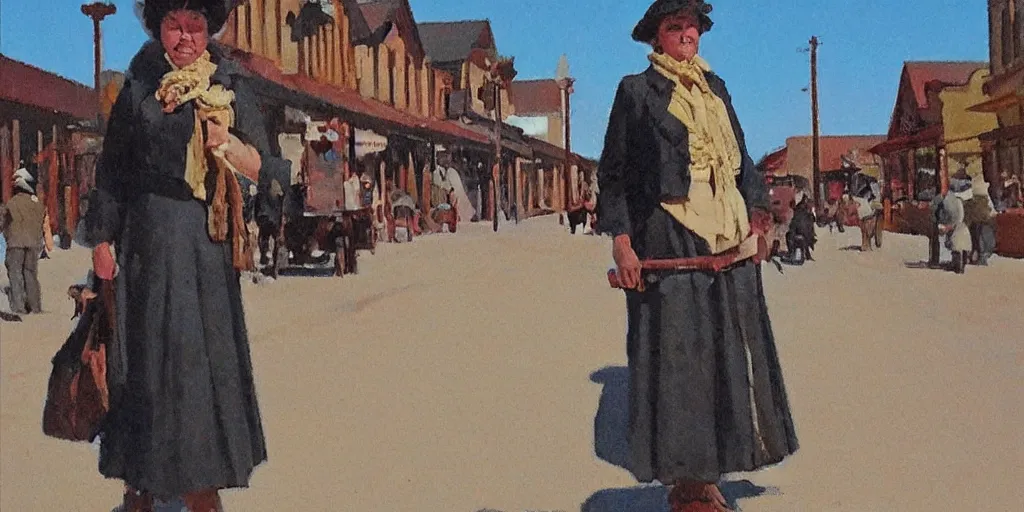 Prompt: beautiful-woman in a crowded old-west-mountain-town Main Street in the style of Fredric Remington