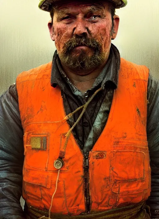 Image similar to a russian railroad electrician!!!, male!!, wearing orange vest!!, siberia!!, portrait, 3 5, dirty, fat, ugly, intricate, elegant, highly detailed, digital painting, artstation, concept art, wallpaper, smooth, sharp focus, illustration, art by artgerm and greg rutkowski and alphonse mucha