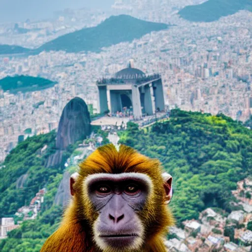 Image similar to high quality portrait of a monkey in front of Christ The Redeemer, studio photograph, photograph, realistic photo, 8k photo, 4k photo, stock photo, high resolution, cinematic shot, high detail