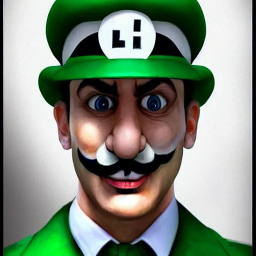 Image similar to Luigi in real life with joker makeup, realistic, very realistic, hyperrealistic, highly detailed, very detailed, extremely detailed, detailed, digital art, oil painting, trending on artstation, headshot and bodyshot, detailed face, very detailed face, extremely detailed face, HD Quality, 8k resolution