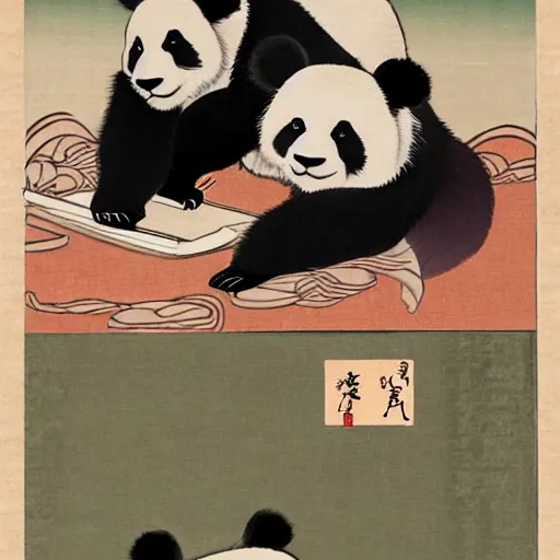 Prompt: a panda and bear, shunga style, ukiyo - e art, artstation