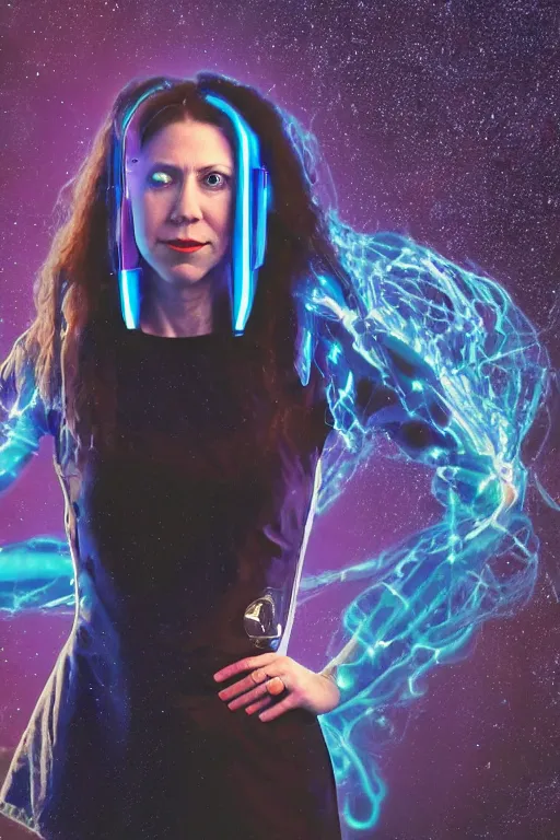 Prompt: cyberpunk chelsea clinton, mechanized arms, spiral galaxy beaming from her ears