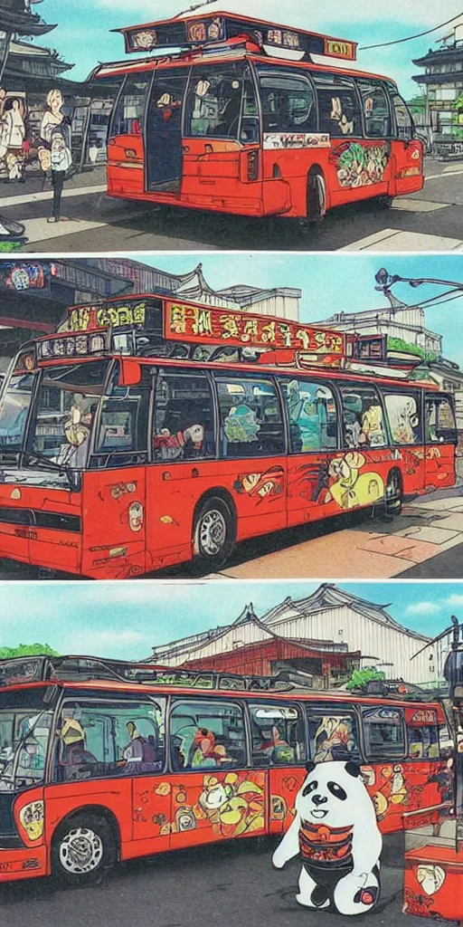 Image similar to a panda express bus in japan, 1990s anime, full color, tarot card the chariot, highly detailed