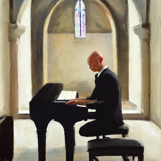 Image similar to a portrait of agent 4 7 playing a piano next to a white coffin in a monestary by gregory manchess, james gurney, james jean