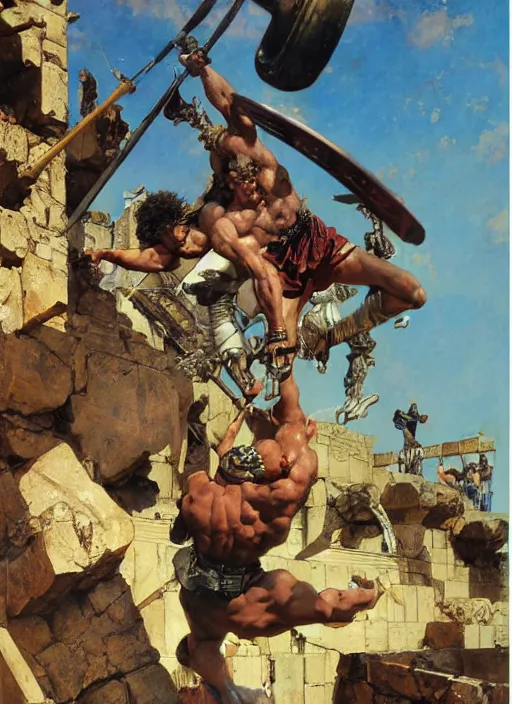 Prompt: huge warrior jocko willink vs godlike achilles at the walls of troy, dynamic action science fiction, by john berkey and lawrence alma tadema and rick berry and norman rockwell and jack kirby