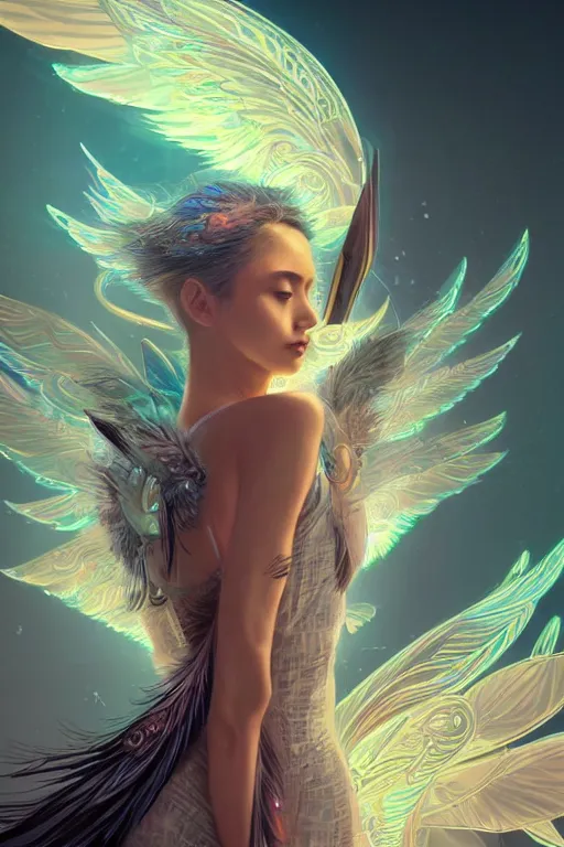 Image similar to portrait futuristic goddess angel Girl with wings and feathers, in future cyberpunk tokyo rooftop , ssci-fi, fantasy, intricate, very very beautiful, elegant, human anatomy, human structure, neon light, highly detailed, digital painting, artstation, concept art, smooth, sharp focus, illustration, art by tian zi and WLOP and alphonse mucha