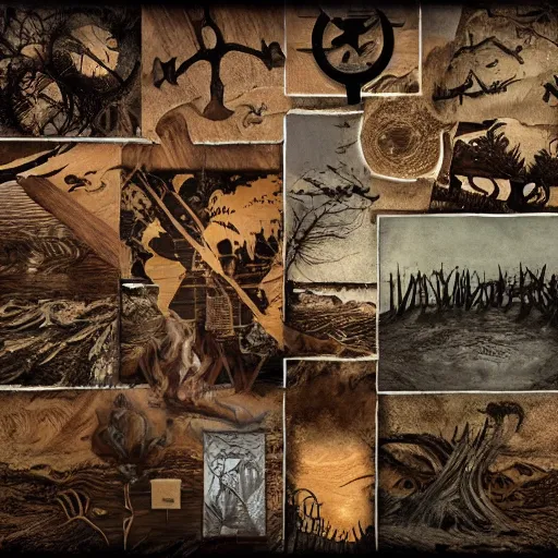 Image similar to the end times wooden collage, woodgrain, environmental art, lovecraftian, behance contest winner