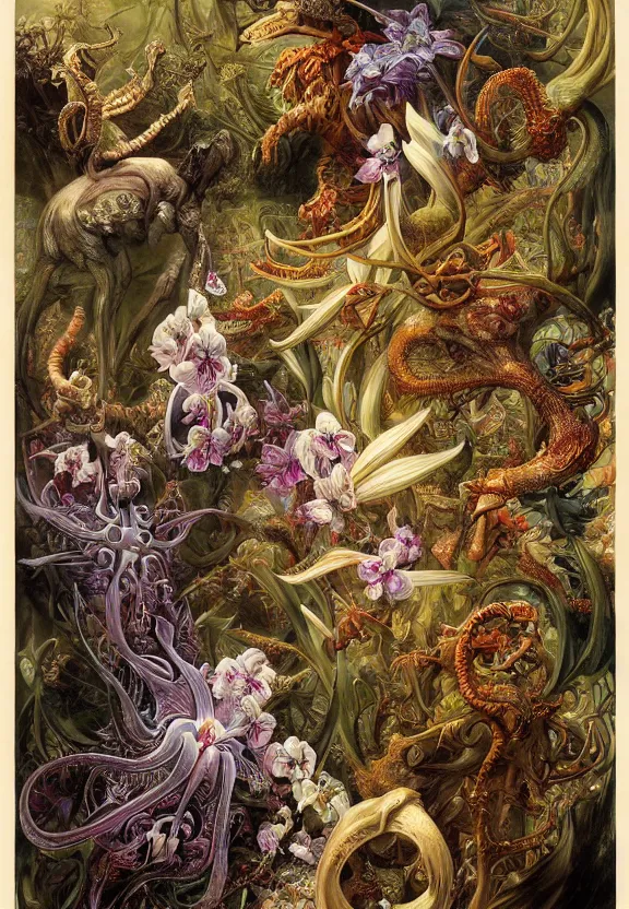 Prompt: simplicity, elegant, colorful muscular eldritch animals and bones radiating from fractal, orchids, lilies, flowers, mandalas, by h. r. giger and esao andrews and maria sibylla merian eugene delacroix, gustave dore, thomas moran, pop art, cyberpunk, art nouveau