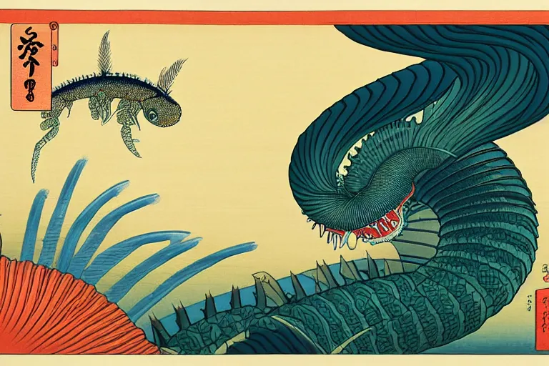 Image similar to ukiyoe painting of cambrian era anomolocarus, trending on artstation