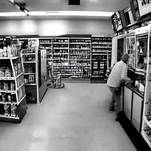 Prompt: security cam footage of barney the dinosaur robbing a convenience store