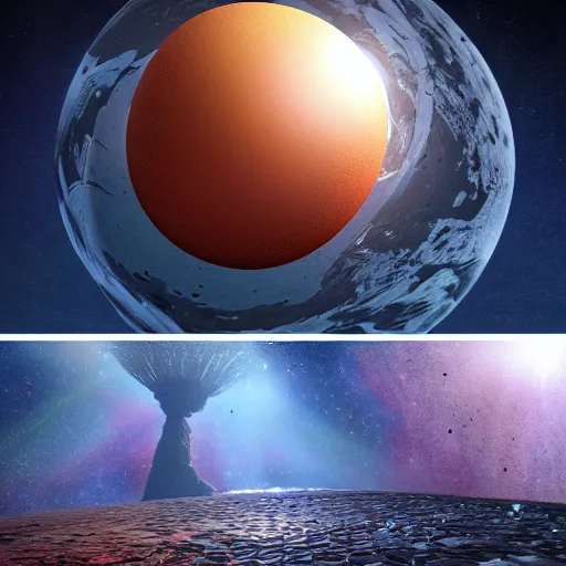 Prompt: the planet earth is the yolk of a galactic egg. the egg is cracked open and earth falls out. 3 d render, dramatic lighting, comedy, science fiction, concept art, epic fantasy, surreal.