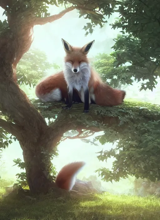 Image similar to a fox sitting curled up under a Sakora tree, subtle colors. Digital illustration, soft lighting, atmospheric lighting, 8K, octane render. By Makoto Shinkai, Stanley Artgerm Lau, WLOP, Rossdraws, James Jean, Andrei Riabovitchev, Marc Simonetti, krenz cushart, Sakimichan, D&D trending on ArtStation, digital art.