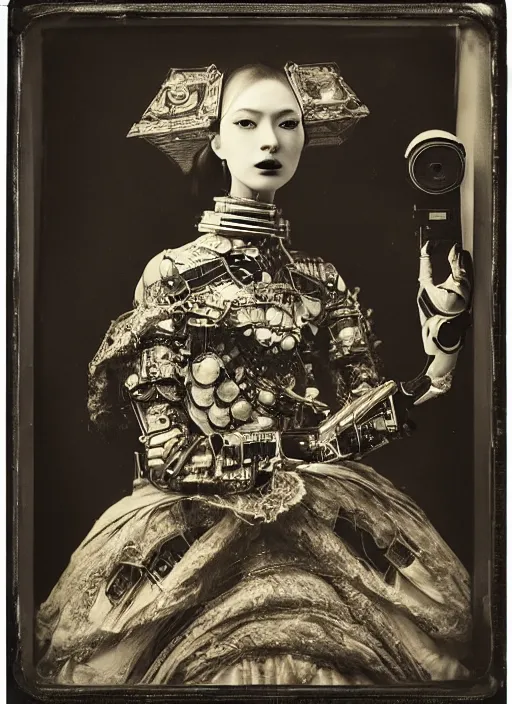 Prompt: old wetplate daguerreotype frame portrait of a futuristic silver armored geisha district 9 cyborg with computer mainframe screens, fractal, intricate, elegant, highly detailed, subsurface scattering, by jheronimus bosch and greg rutkowski and louis jacques mande daguerre