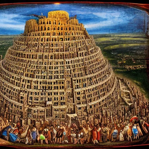 Prompt: The tower of babel made of people standing on top of each other, at the top of the tower there’s a hand that’s reaching for the sun. Wide angle lens, we can see the earth in the frame