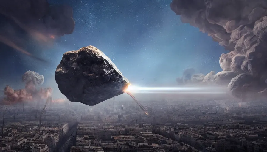 Prompt: A huge meteorite is about to hit Paris, hyperdetailed, artstation, cgsociety, 8k