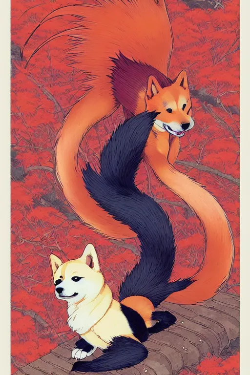 Image similar to poster of a shiba inu as a nine - tailed fox, studio ghibli aesthetic, by yoichi hatakenaka, masamune shirow, josan gonzales and dan mumford, ayami kojima, takato yamamoto, barclay shaw, karol bak, yukito kishiro