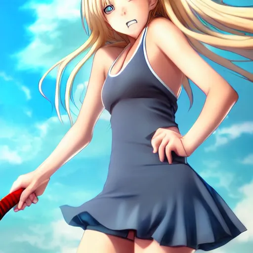 Prompt: a very beautiful young anime tennis girl, very angry, full body, long wavy blond hair, sky blue eyes, full round face, short smile, bikini, miniskirt, highly detailed, cinematic wallpaper by stanley artgerm lau