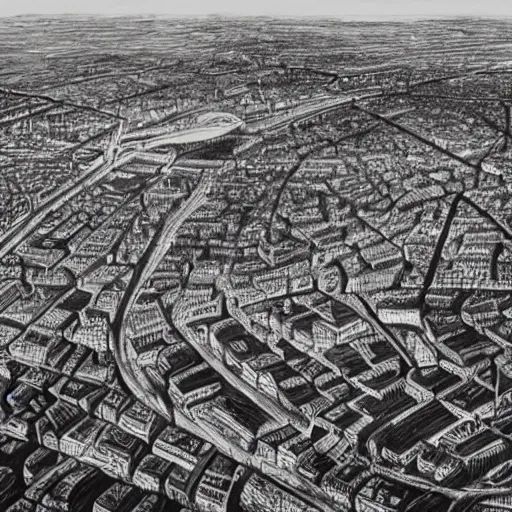 Prompt: a black and white sketch of manchester from above