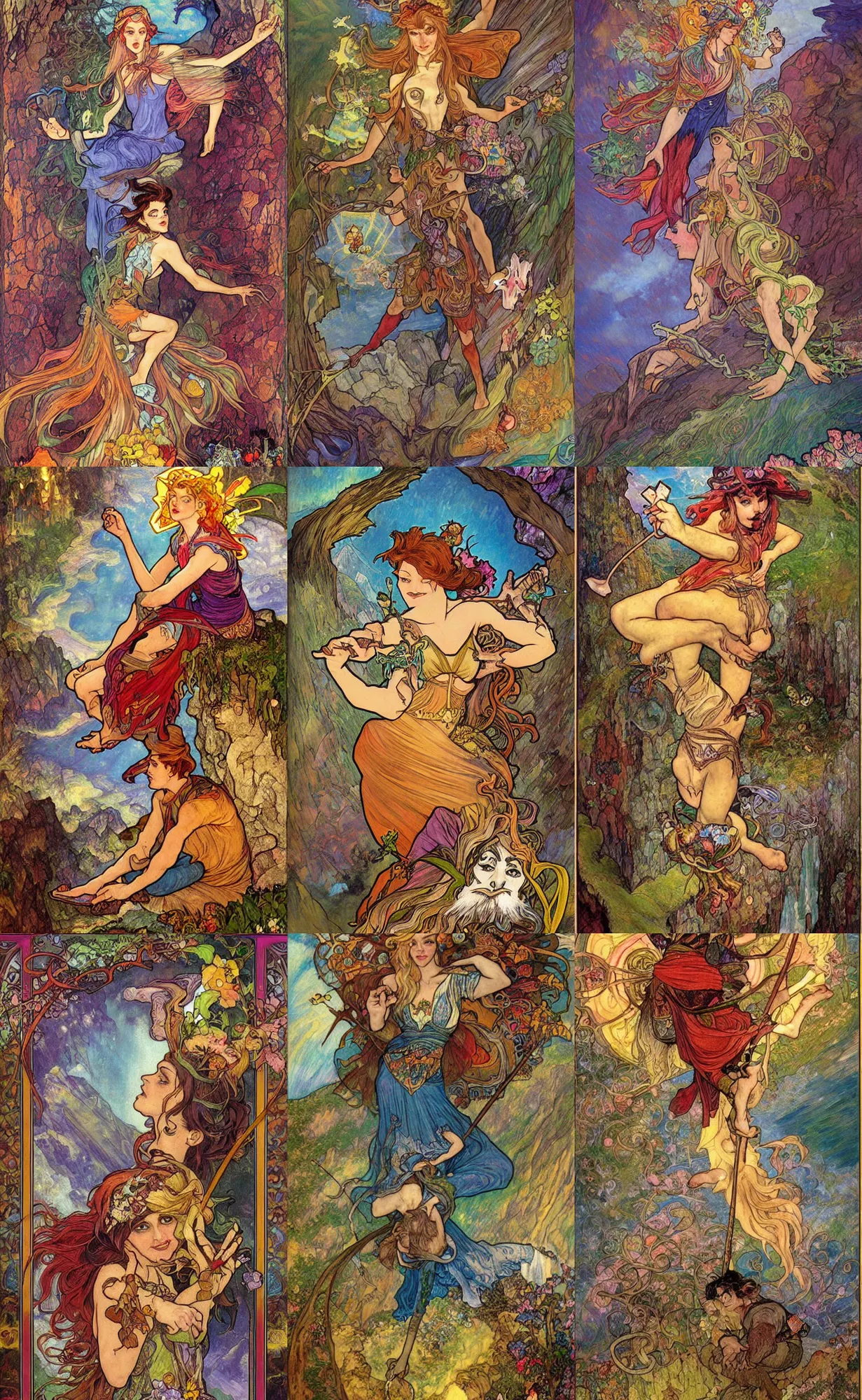 Prompt: art for the fool tarot card, cliffface on right side of image hobo fairy with bindle in topright quadrant of image flying off the edge of the cliff, magic realism, fantasy, art by josephine wall, league of legends splash art, art by alphonse mucha, trending on artstation