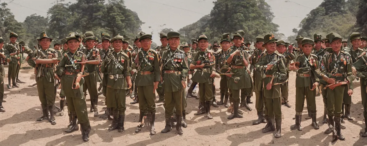 Image similar to a brigade of gurkhas pose valiantly after a well - foughtt victory, small details, intricate, 5 0 mm, cinematic lighting, photography, wes anderson, film, kodachrome