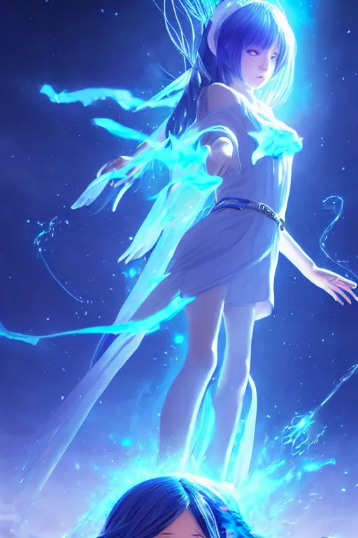Prompt: blue dressed summoner girl fighting against outer gods with their creatures. floating planets on the background, box office hit, fantasy and cosmic horror movie, unreal engine, intricate, highly detailed 8 k, ambient occlusion, extremely beautiful and aesthetic shape of face and body, art by hiroaki samura and ilya kuvshinov and rossdraws