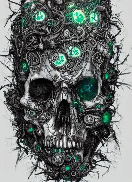 Prompt: intricate detailed biopunk cyberpunk skull, ivy, death,