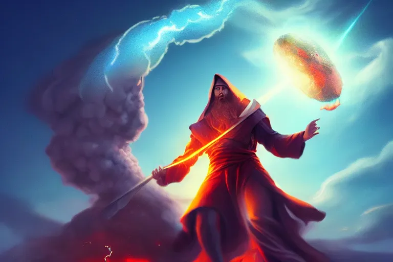 Image similar to levitating wizard wielding a sword, opening a shining portal, night sky, horizon of an erupting volcano, trending on artstation