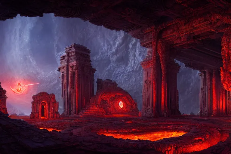 Image similar to beautiful hyperrealistic hyperdetailed epic hdr 3 d render by octane of the mysterious intricate ruins of a temple from an advanced alien starwars civilization under the crescent moon with rimlight with rivers of molten lava by alejandro burdisio and george ines, dramatic lighting