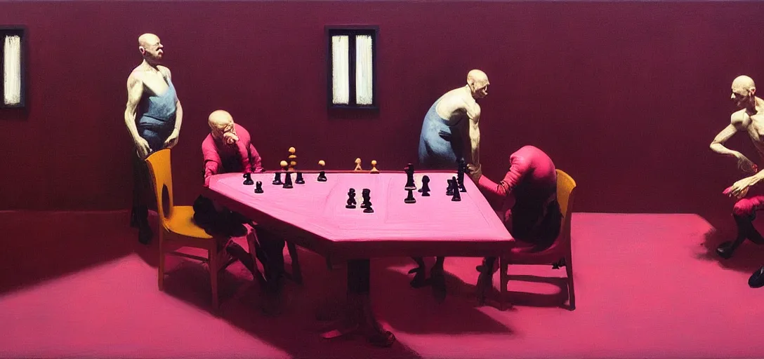 Prompt: time will tell on their power minds, making war just for fun, treating people just like pawns in chess, wait till their judgement day comes highly detailed oil painting, by francis bacon, edward hopper, adrian ghenie, glenn brown, soft light 4 k in pink, cinematic composition, cinematic lighting, masterpiece