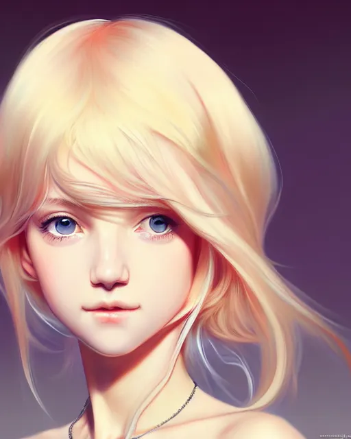 Image similar to detailed up close portrait of a beautiful blonde english girl in tshirt, stoned and happy, by saruei and guweiz and ilya kuvshinov and rockwell and warhol and range murata!!, magic art, sleek curves, ultra clear and sharp focus, trending on artstation hq, deviantart, pinterest, unreal engine 5, 4 k uhd image