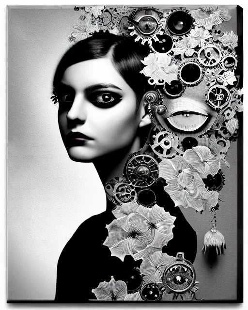 Image similar to black and white masterpiece profile portrait painting with no frame, one steampunk eye silver lace floral biomechanical beautiful young female cyborg, big monocular, volumetric light, hibiscus flowers, by dora maar, rim light, big gothic fashion pearl embroidered collar, 8 k