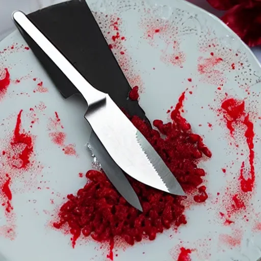 Prompt: wedding cake knife slice with blood droping from the slice in color in a surrealistic style -5