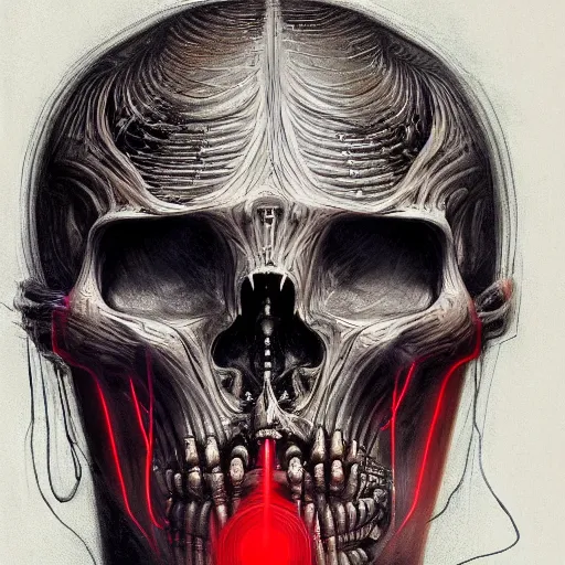 Prompt: surreal portrait of a man by Greg Rutkowski and H.R Giger, a biomechanical skull from whose sockets a red light emanates, between human and alien, connected by pipes and cables, terrifying, disturbing, cosmic void background, frightening, fascinating, highly detailed portrait, digital painting, book cover, artstation, concept art, smooth, sharp foccus ilustration, Artstation HQ.