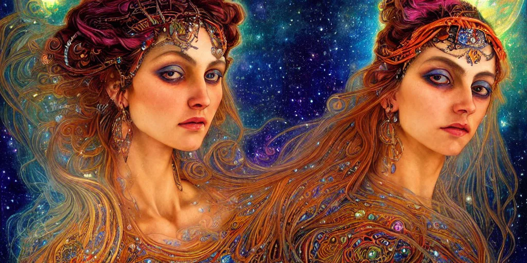 Image similar to full view portrait of an ethereal gypsy woman with detailed eyes, glowing face, floating in space with a half moon, photorealistic, colorful dress, in the style of karol bak and gaston bussiere, holographic undertones, art nouveau galaxy background, intricate, flowing dress, smooth, sharp focus, dramatic lighting, illustration, hdr, artgerm