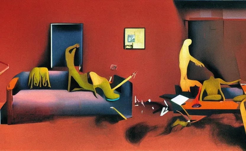 Prompt: an empty room in the style of constructivism, people relaxing on the couch and drinking wine, blurred, grotesque, doomed, neural acrylic paint, high resolution, gouache on canvas, ultra detailed, vibrant colors, grotesque, wrapped thermal background, art by francis bacon, beksinski painting