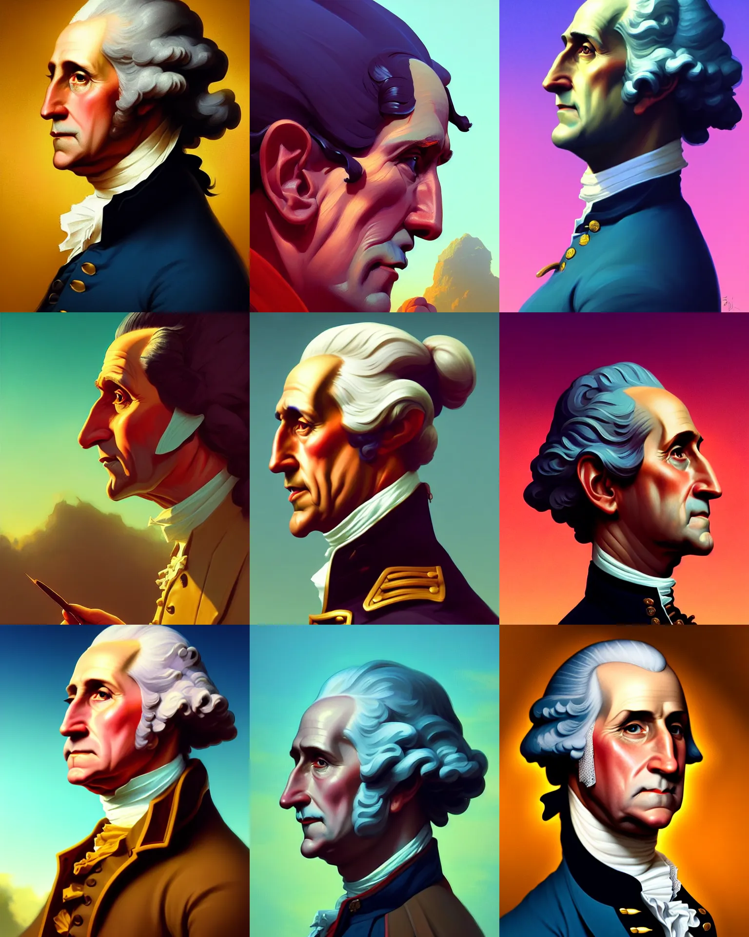 Prompt: side profile waist up portrait, george washington, 1 8 8 5, dynamic lighting, gaudy colors, octane render aesthetic, matte painting concept art, maya engine, official fanart behance hd artstation by jesper ejsing, by rhads and lois van baarle and ilya kuvshinov