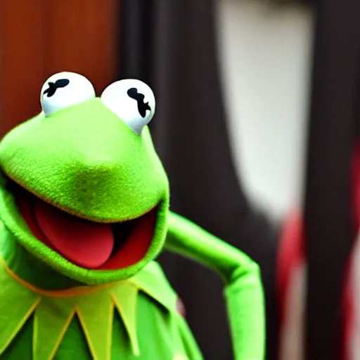 Image similar to Kermit the Frog wearing a suit, sitting in front of a microphone, shouting at congress.