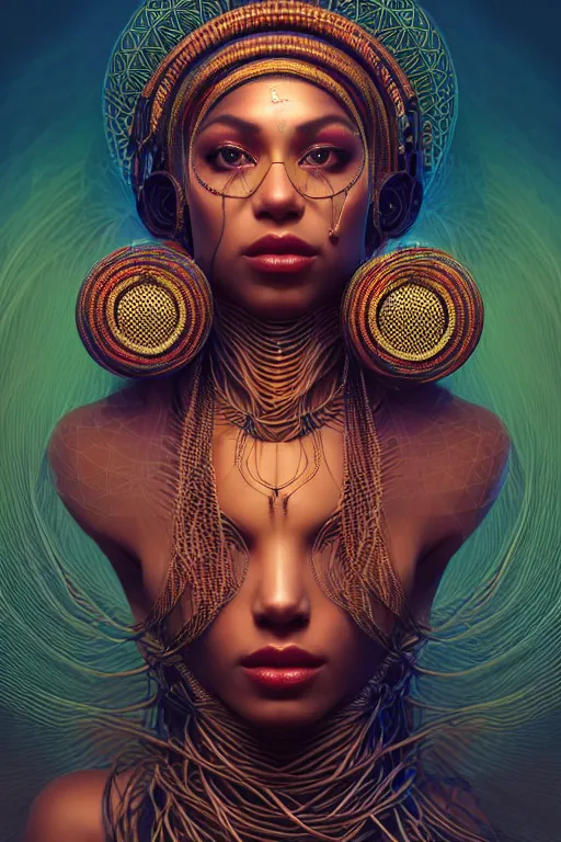 Image similar to a centered render of an alluring mystical tribal goddess adorned with cables and synthesizer parts is surrounded by sacred geometry, full body, gorgeous face, perfect face, powerful, cinematic, beautifully lit, by artgerm, by karol bak, 3 d, trending on artstation, octane render, 8 k