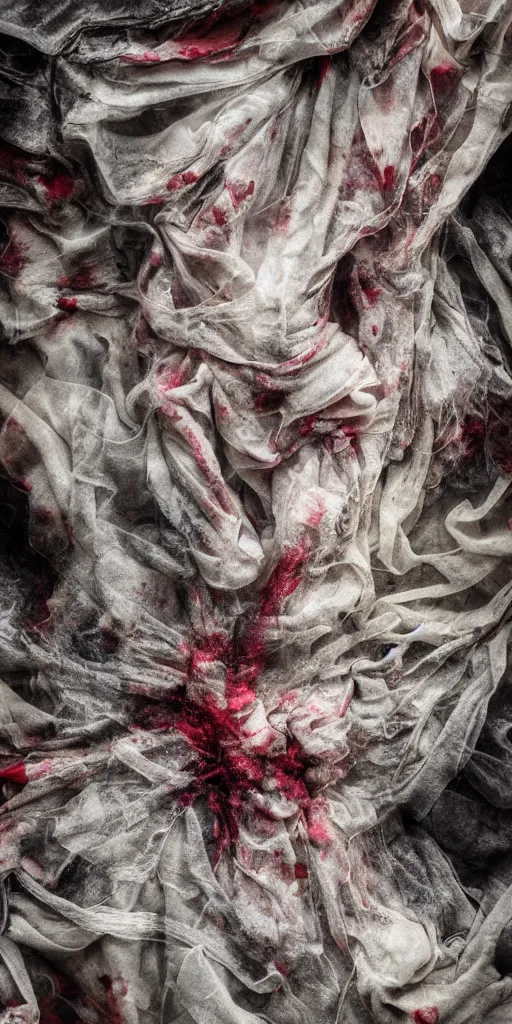 Prompt: pain, human bodies, surrealism, hidden behind torn cloth swirling violently, abstract cloth simulation, tattered fabric, rags, ragged, ephemeral, gradients, hyperdetailed, hyper realistic