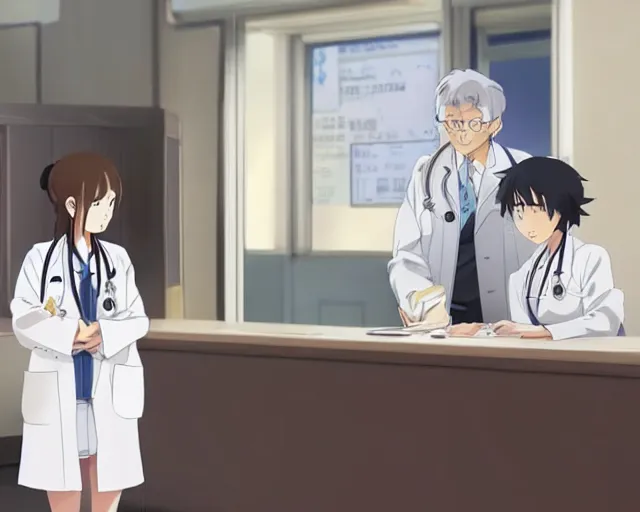 Image similar to a cute and beautiful young female doctor wearing white coat are talking with an old professor in a hospital, slice of life anime, lighting, anime scenery by Makoto shinkai