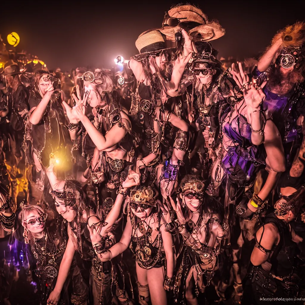 Prompt: steampunk rave in the desert, XF IQ4, 150MP, 50mm, F1.4, ISO 200, 1/160s, dawn