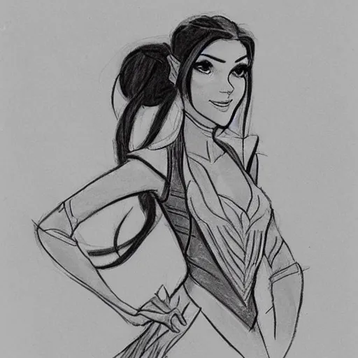 Image similar to milt kahl sketch of victoria justice with done up hair, tendrils and ponytail as princess padme from star wars episode 3