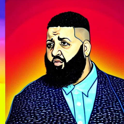 Image similar to ultra realistic portrait of dj khaled in a studio, ultra detailed, under blue, red and yellow cinematic lighting, by van gogh, cartoon, monument valley, escher